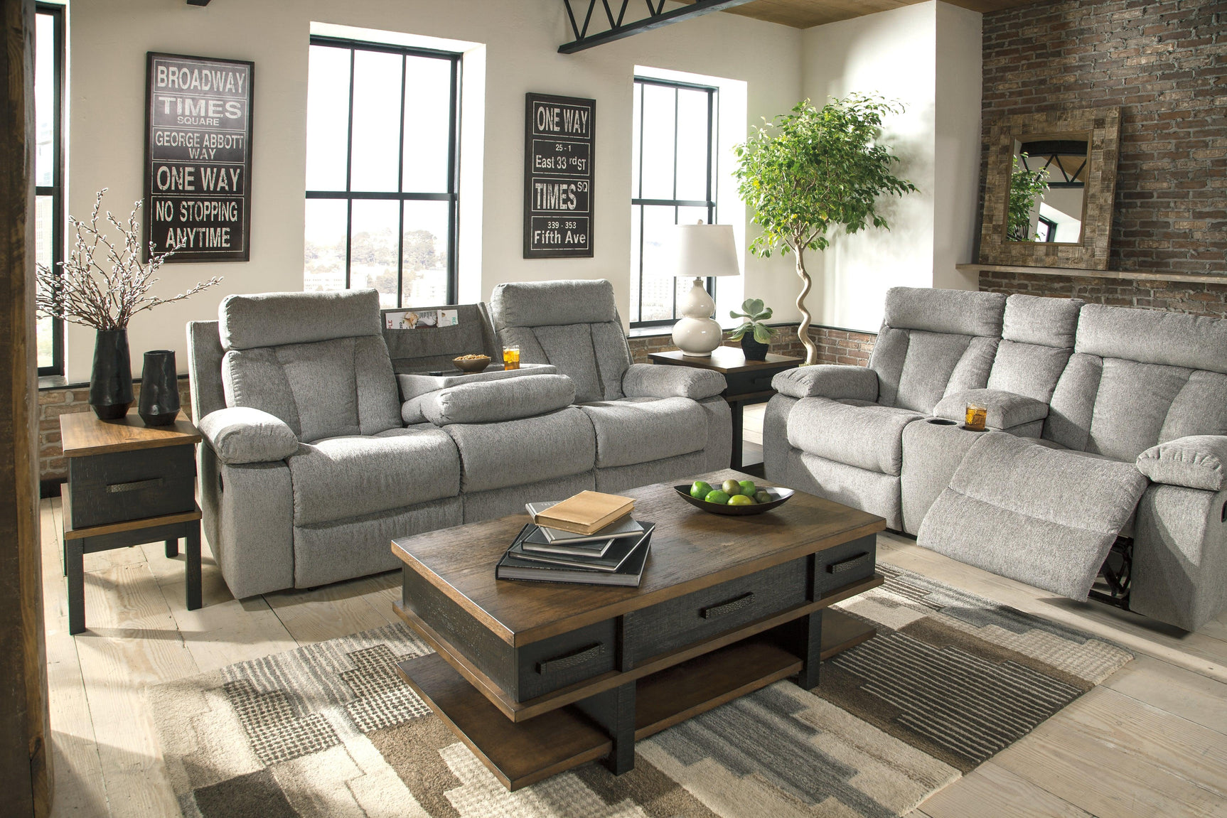 Mitchiner Fog Microfiber Reclining Sofa With Drop Down Table - Ella Furniture