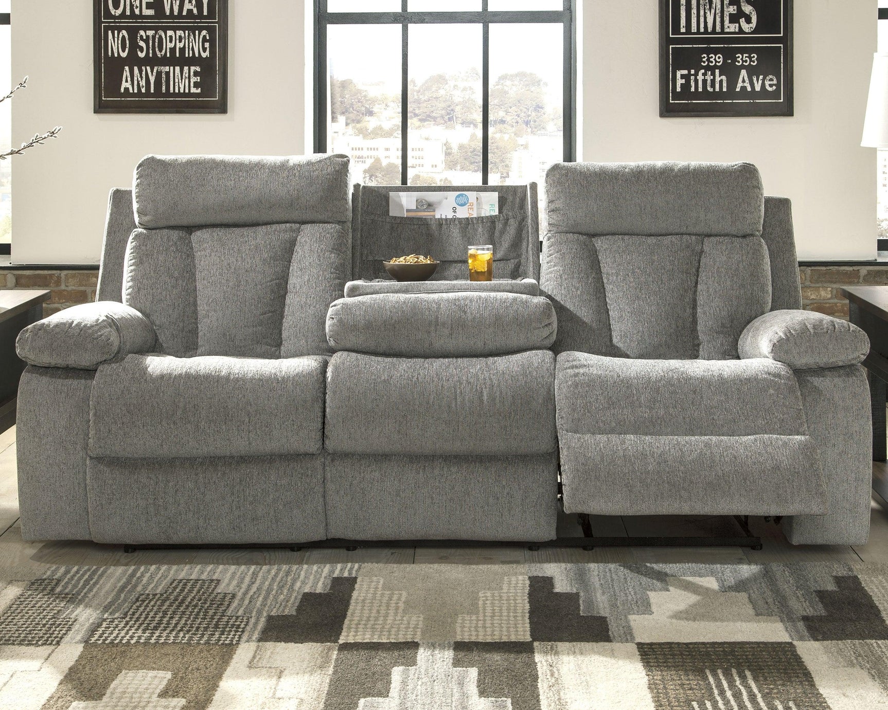 Mitchiner Fog Microfiber Reclining Sofa With Drop Down Table - Ella Furniture