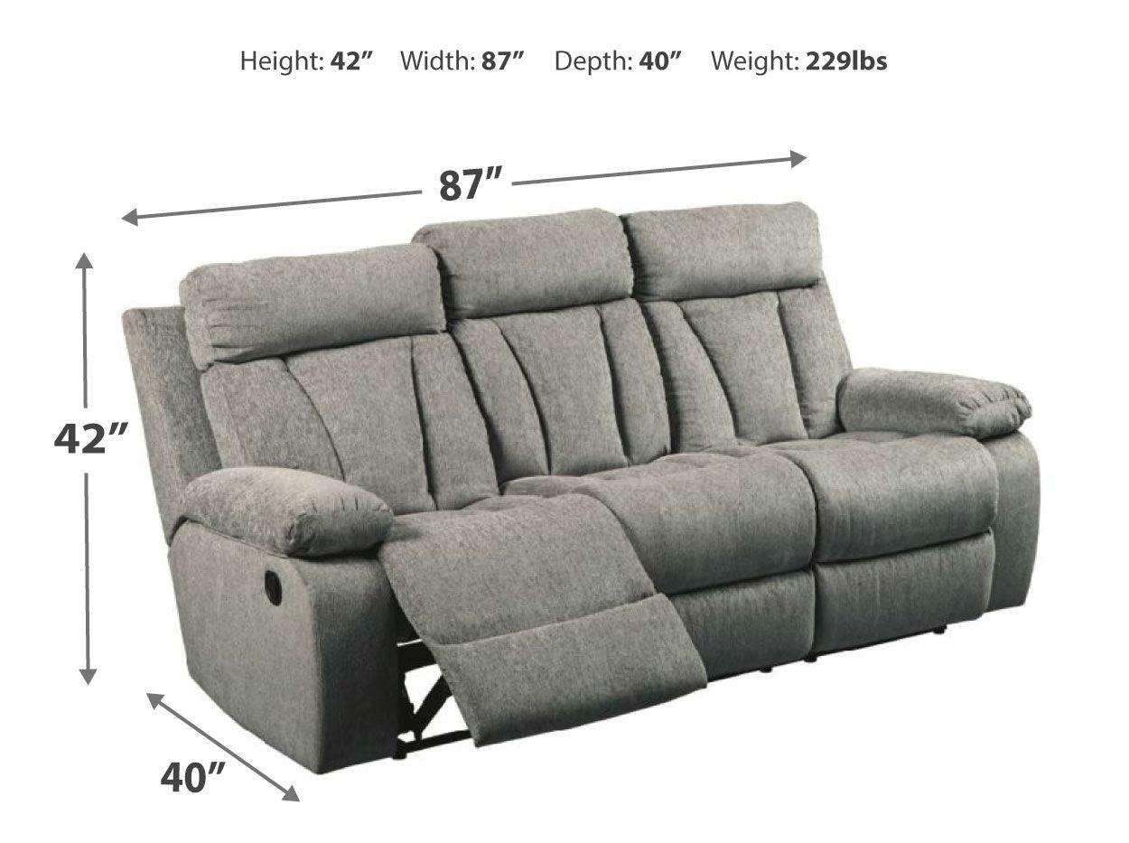 Mitchiner Fog Microfiber Reclining Sofa With Drop Down Table - Ella Furniture