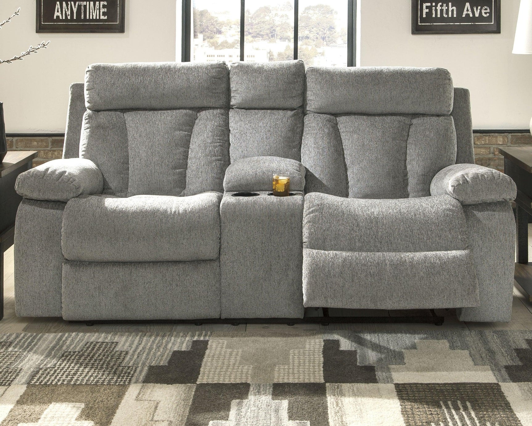 Mitchiner Fog Microfiber Reclining Loveseat With Console - Ella Furniture