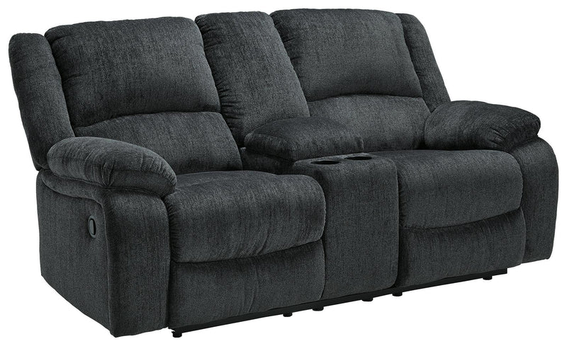 Draycoll Slate Chenille Reclining Loveseat With Console - Ella Furniture