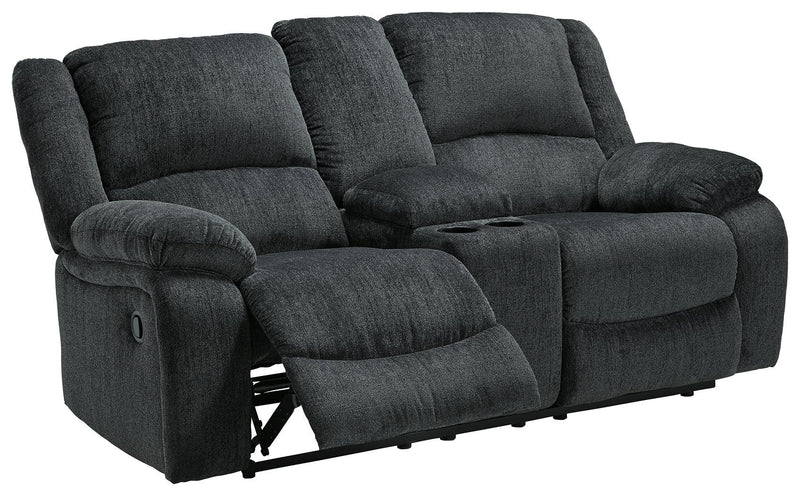 Draycoll Slate Chenille Reclining Loveseat With Console - Ella Furniture