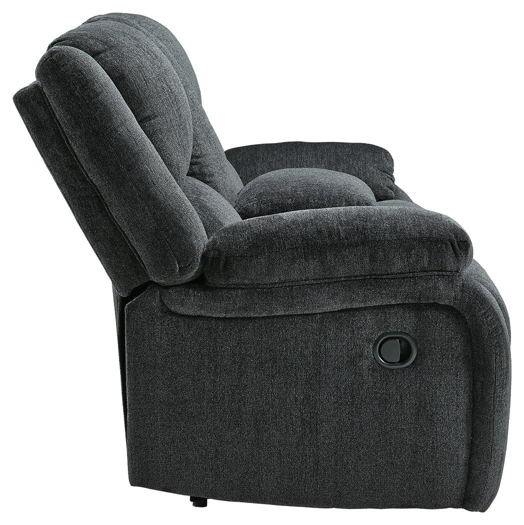 Draycoll Slate Chenille Reclining Loveseat With Console - Ella Furniture