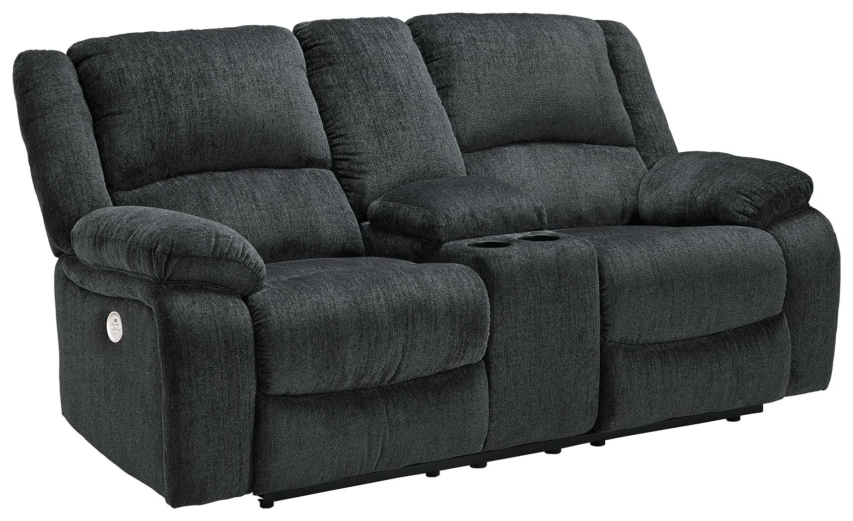 Draycoll Slate Chenille Power Reclining Loveseat With Console - Ella Furniture