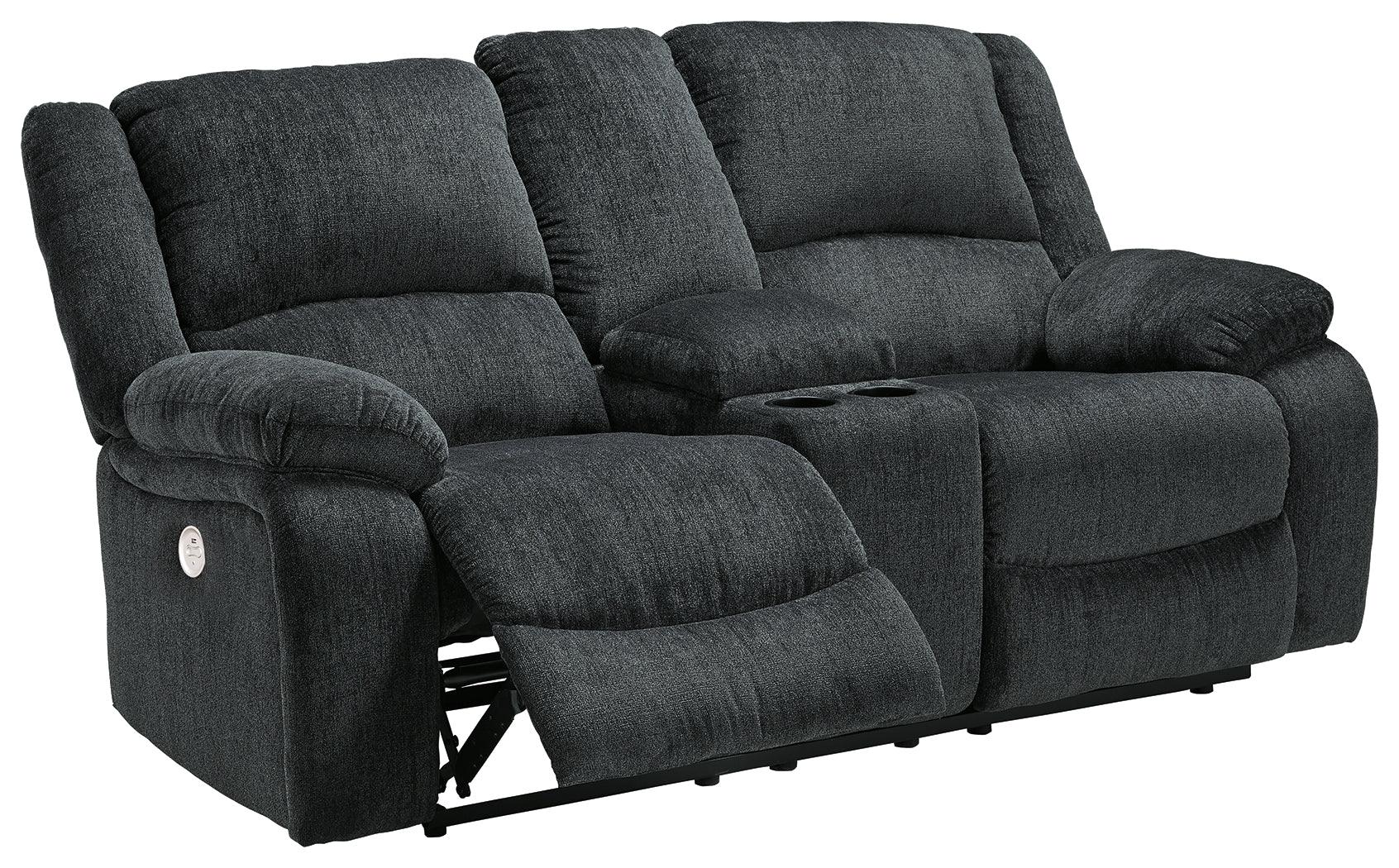 Draycoll Slate Chenille Power Reclining Loveseat With Console - Ella Furniture