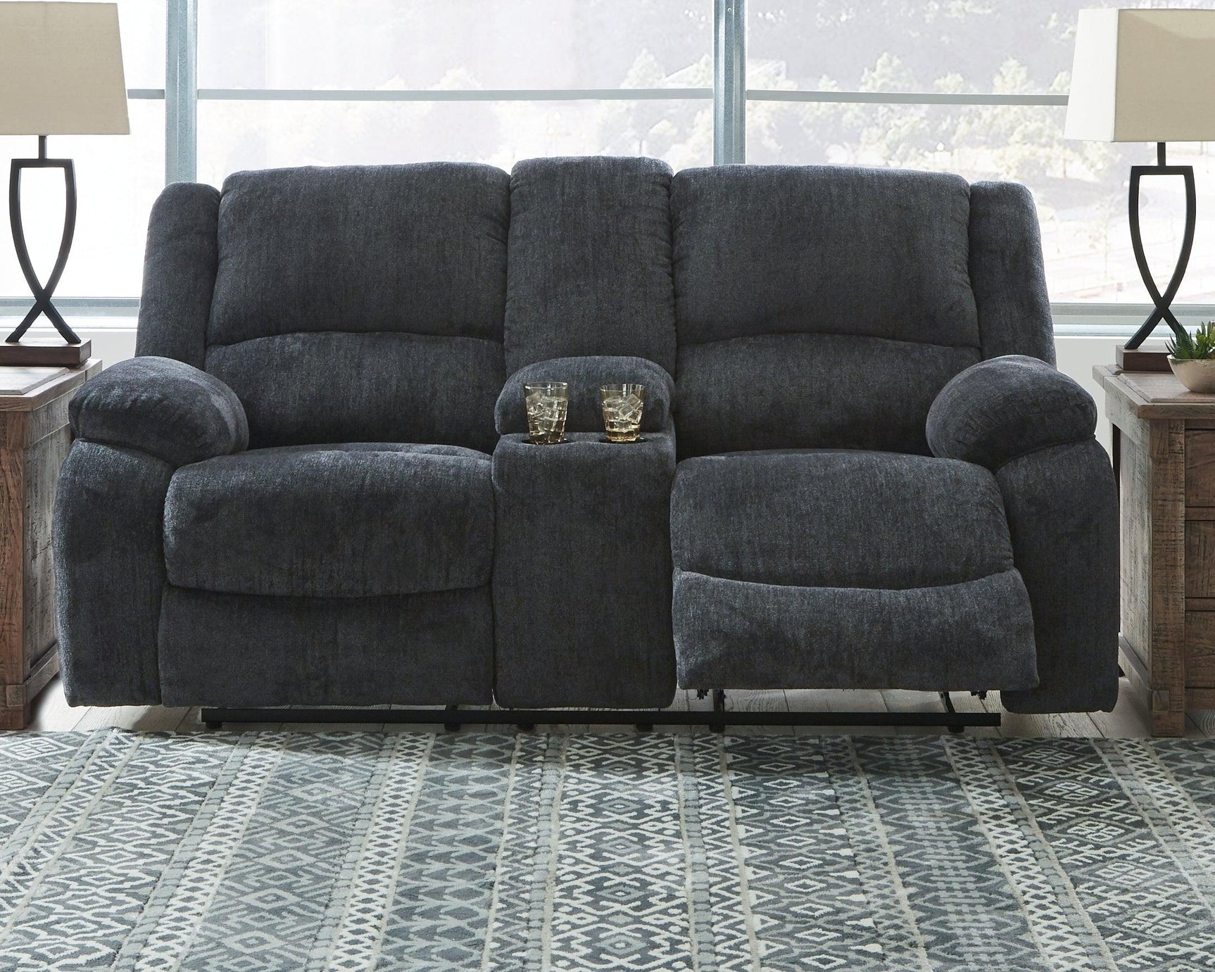 Draycoll Slate Chenille Reclining Loveseat With Console - Ella Furniture