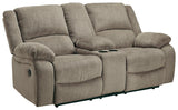 Draycoll Pewter Chenille Reclining Loveseat With Console - Ella Furniture