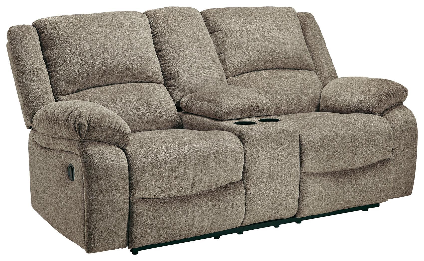 Draycoll Pewter Chenille Reclining Loveseat With Console - Ella Furniture