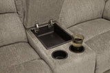 Draycoll Pewter Chenille Reclining Loveseat With Console - Ella Furniture