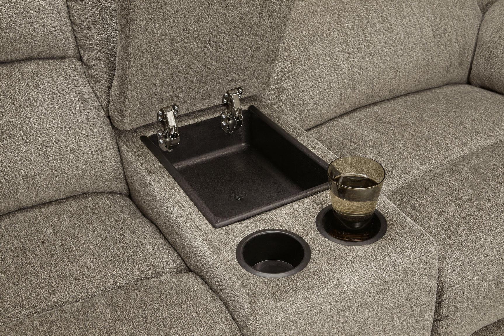 Draycoll Pewter Chenille Reclining Loveseat With Console - Ella Furniture