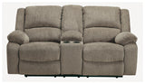 Draycoll Pewter Chenille Reclining Loveseat With Console - Ella Furniture