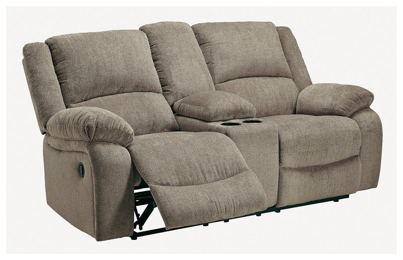 Draycoll Pewter Chenille Reclining Loveseat With Console - Ella Furniture