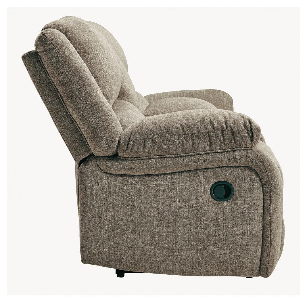 Draycoll Pewter Chenille Reclining Loveseat With Console - Ella Furniture