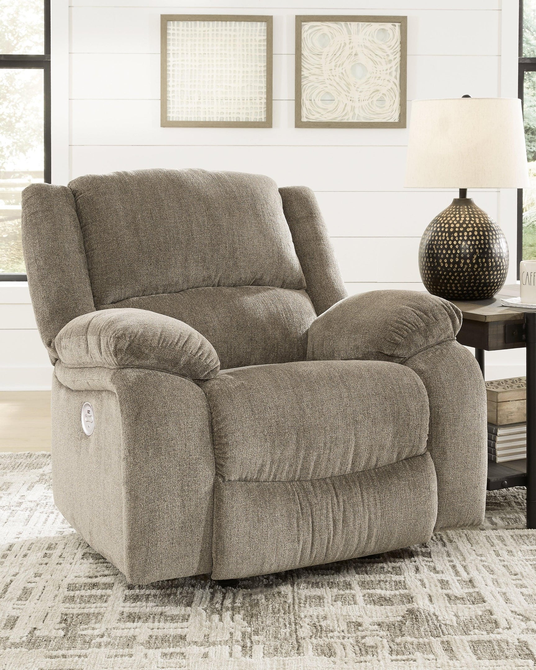 Draycoll Pewter Chenille Power Recliner - Ella Furniture