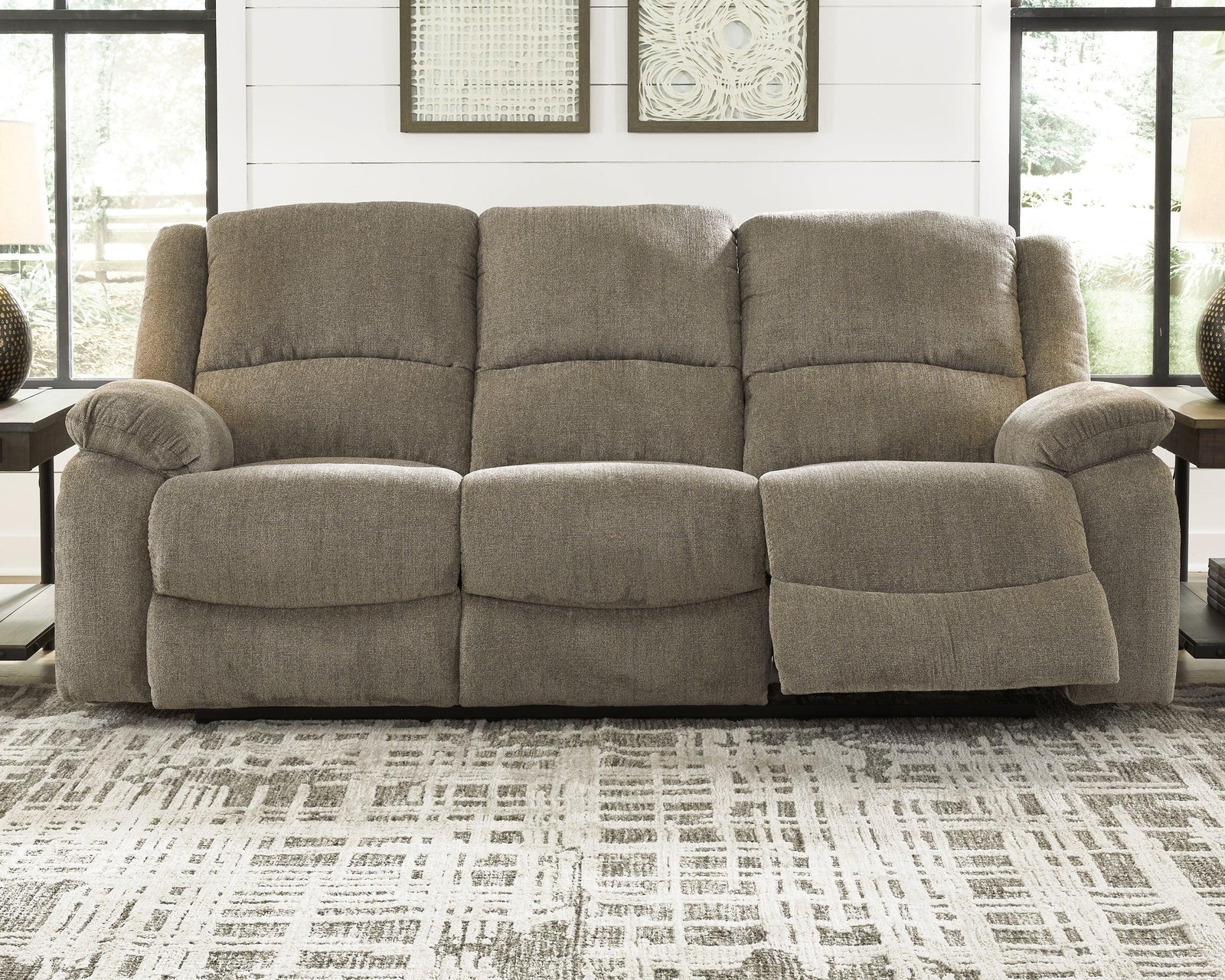 Draycoll Pewter Chenille Reclining Sofa - Ella Furniture