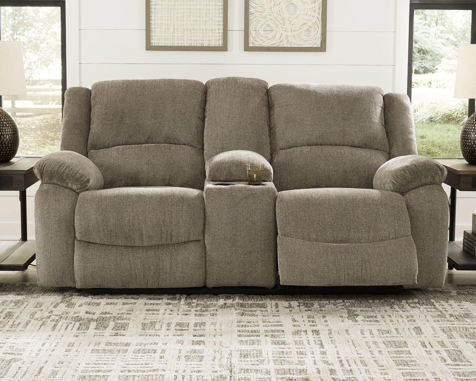 Draycoll Pewter Chenille Reclining Loveseat With Console