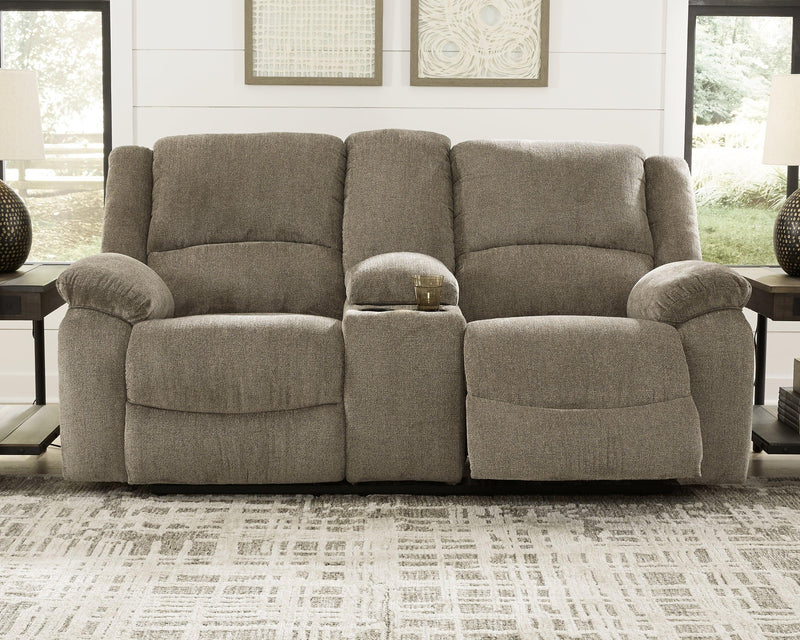 Draycoll Pewter Chenille Reclining Loveseat With Console - Ella Furniture