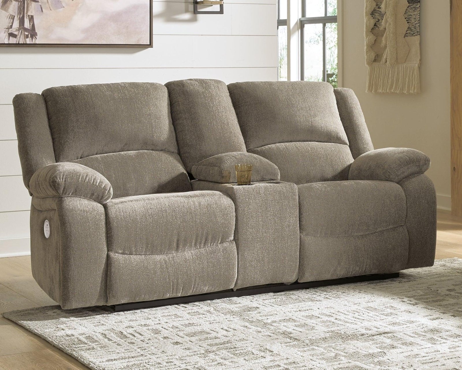 Draycoll Pewter Chenille Power Reclining Loveseat With Console