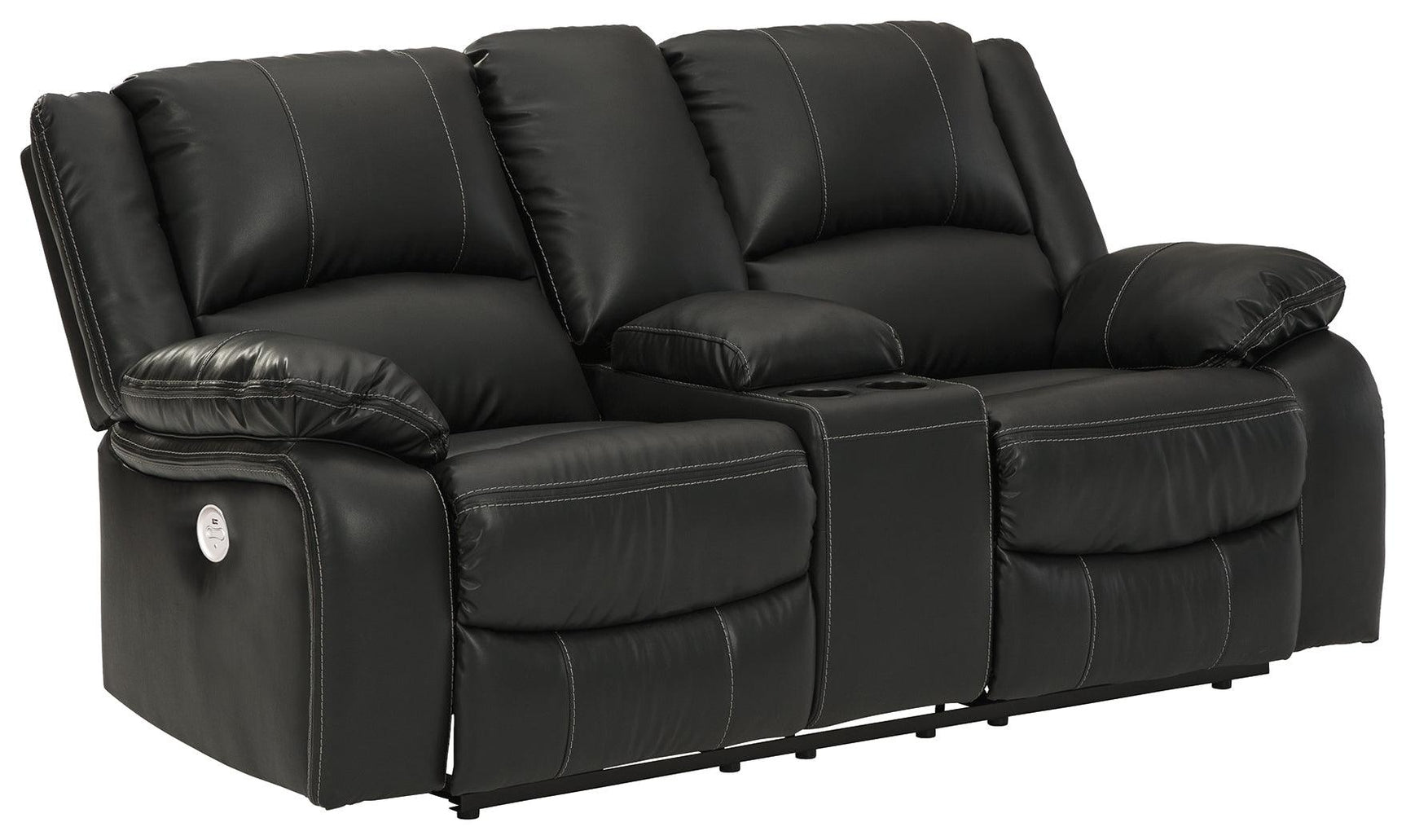 Calderwell Black Faux Leather Power Reclining Loveseat With Console - Ella Furniture