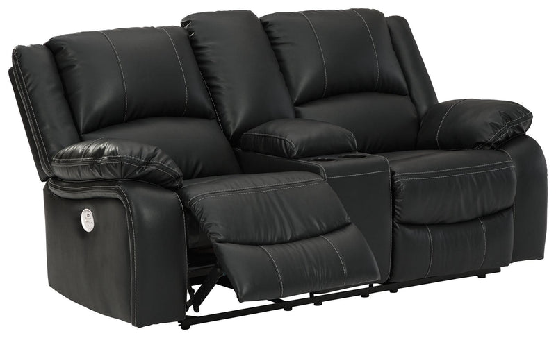 Calderwell Black Faux Leather Power Reclining Loveseat With Console - Ella Furniture