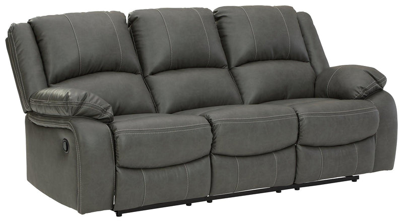 Calderwell Gray Faux Leather Reclining Sofa - Ella Furniture