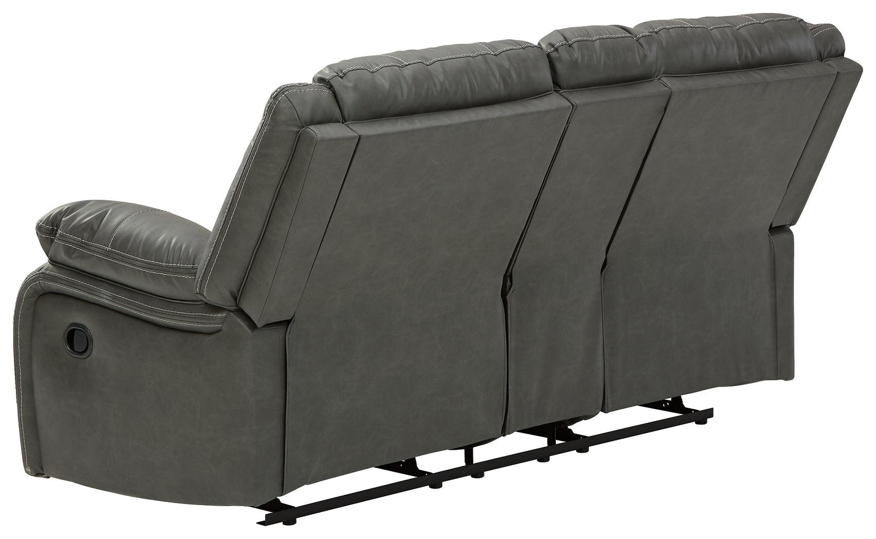 Calderwell Gray Faux Leather Reclining Loveseat With Console - Ella Furniture