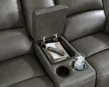 Calderwell Gray Faux Leather Reclining Loveseat With Console - Ella Furniture