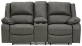 Calderwell Gray Faux Leather Reclining Loveseat With Console - Ella Furniture