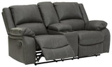 Calderwell Gray Faux Leather Reclining Loveseat With Console - Ella Furniture