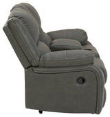 Calderwell Gray Faux Leather Reclining Loveseat With Console - Ella Furniture