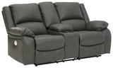 Calderwell Gray Faux Leather Power Reclining Loveseat With Console - Ella Furniture