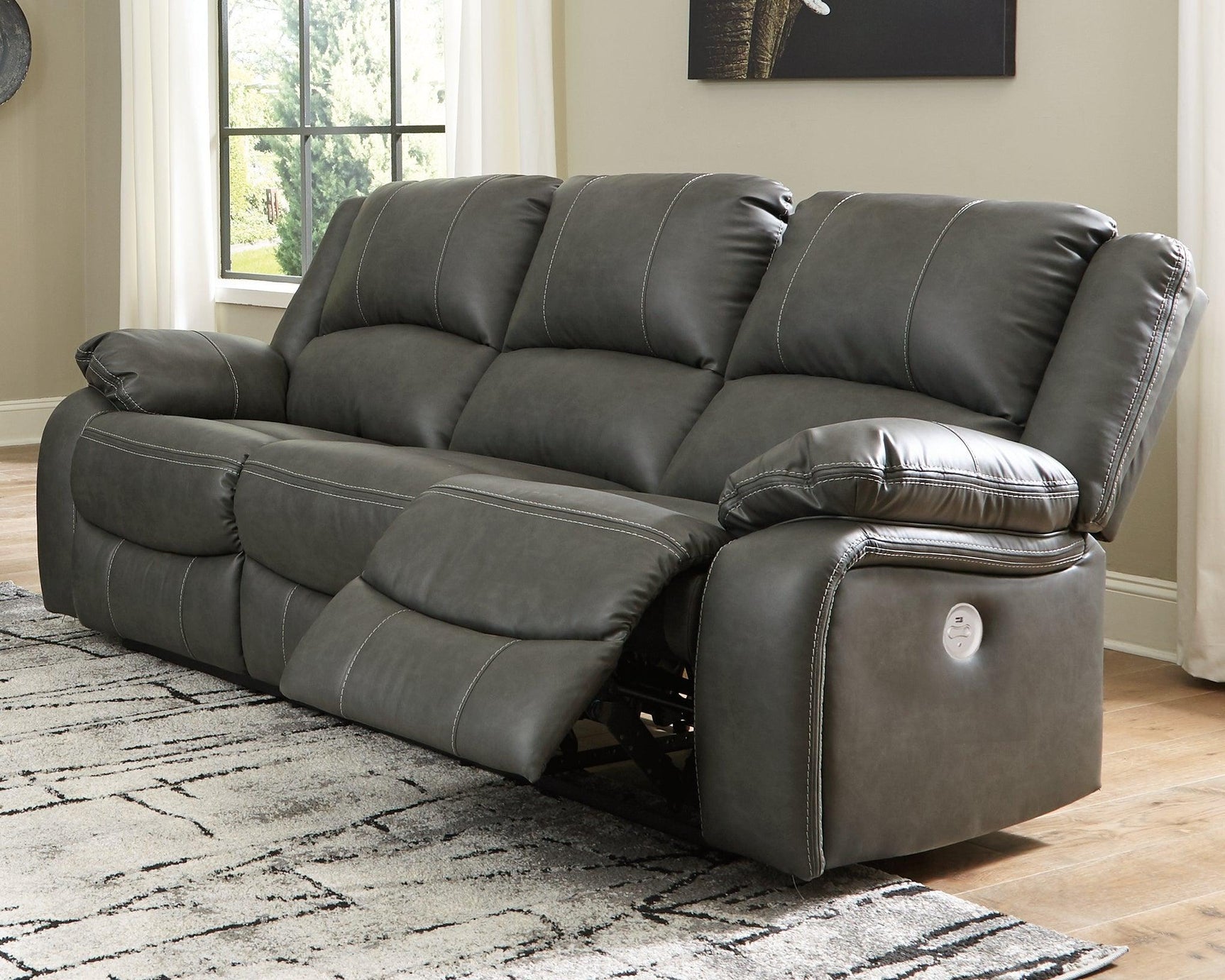 Calderwell Gray Faux Leather Power Reclining Sofa - Ella Furniture