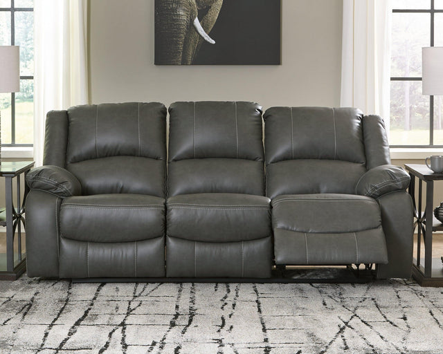 Calderwell Gray Faux Leather Reclining Sofa - Ella Furniture