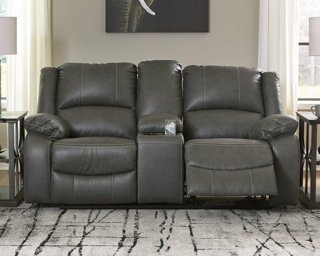 Calderwell Gray Faux Leather Reclining Loveseat With Console - Ella Furniture