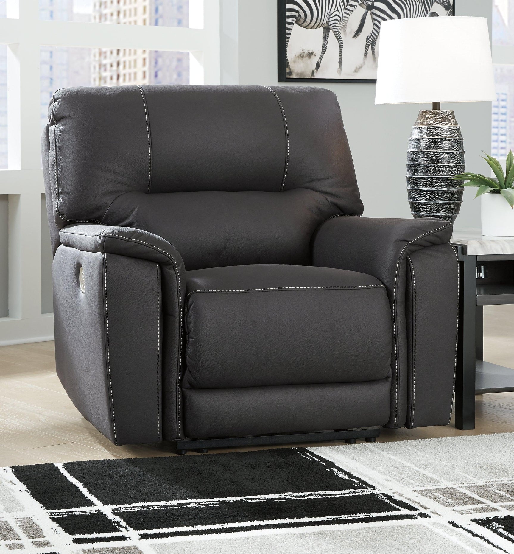 Henefer Midnight Microfiber Power Recliner - Ella Furniture