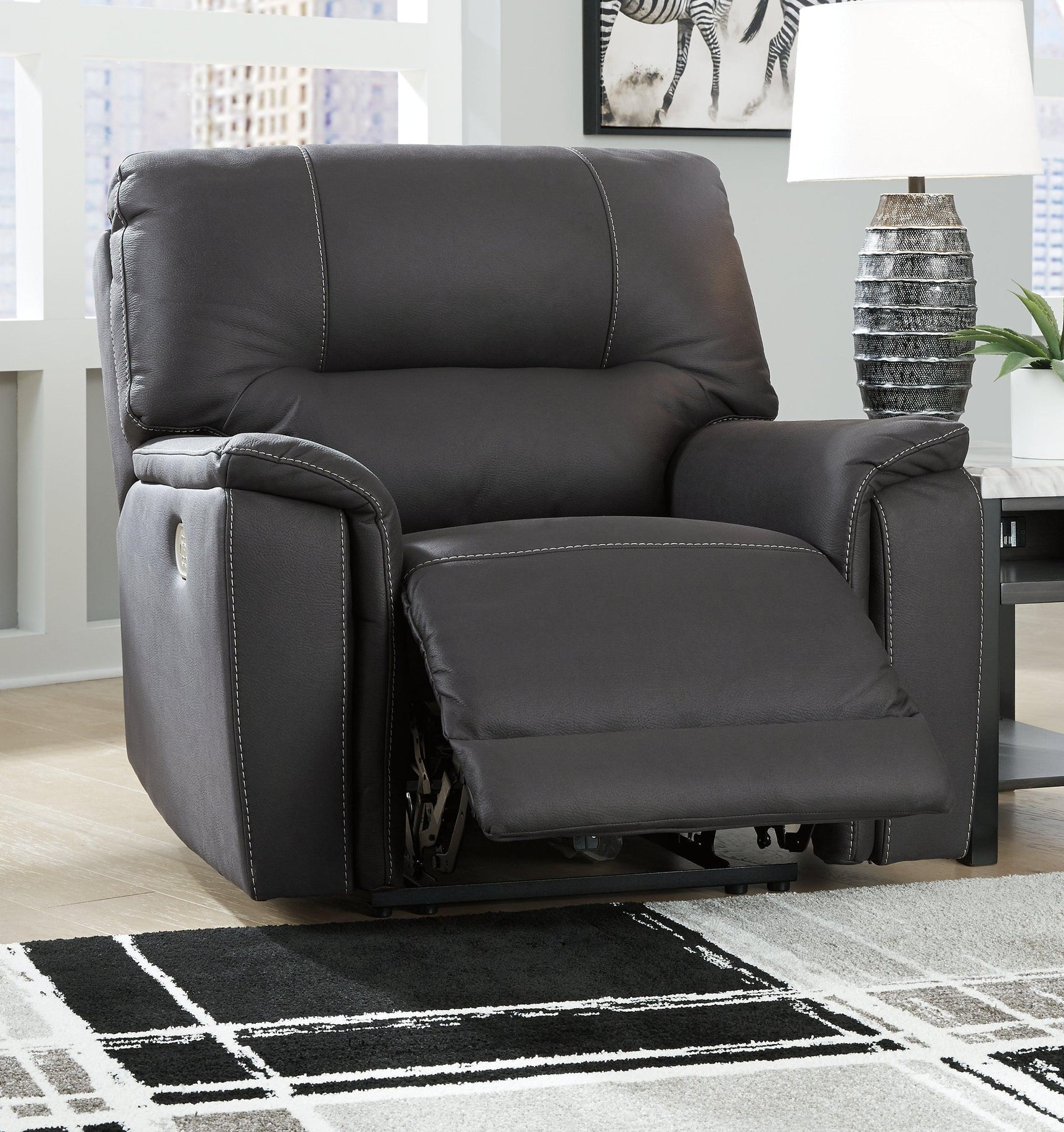 Henefer Midnight Microfiber Power Recliner - Ella Furniture