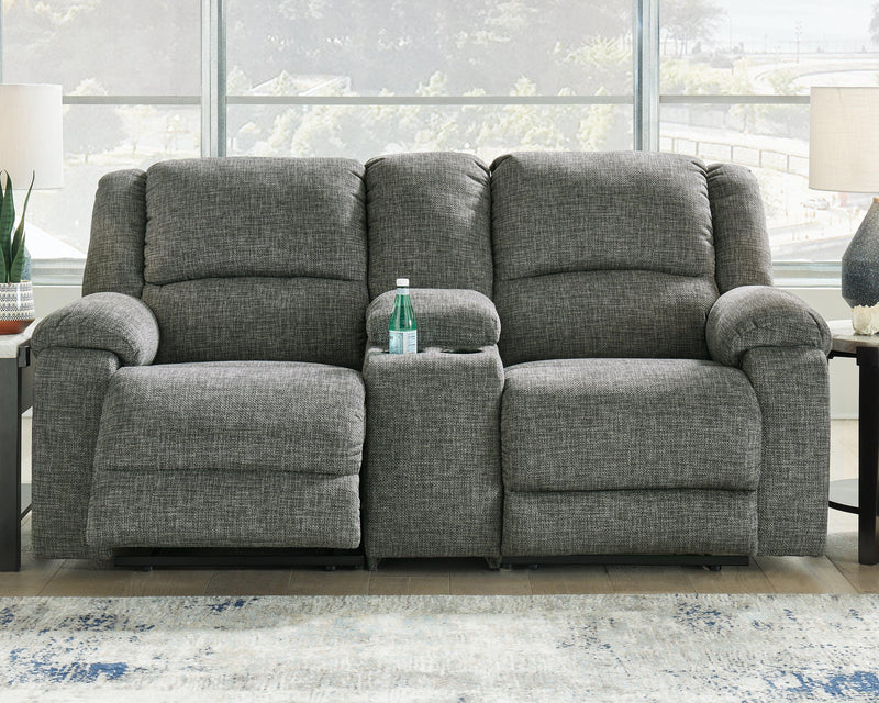 Goalie Pewter 3-Piece Reclining Loveseat With Console - Ella Furniture