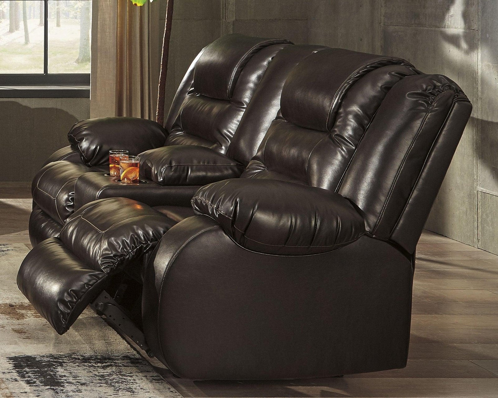 Vacherie Chocolate Faux Leather Reclining Loveseat With Console - Ella Furniture
