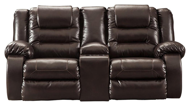 Vacherie Chocolate Faux Leather Reclining Loveseat With Console - Ella Furniture