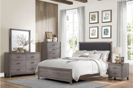 Woodrow Dark Metal Melamine Laminate Weathered Wood Metal Faux Leather Side Pier Bedroom Set - Ella Furniture