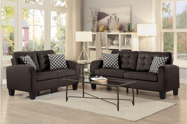 Sinclair Chocolate Solid Wood And Plywood Textured Fabric Upholstery Tufted Sofa And Love Seat - Ella Furniture