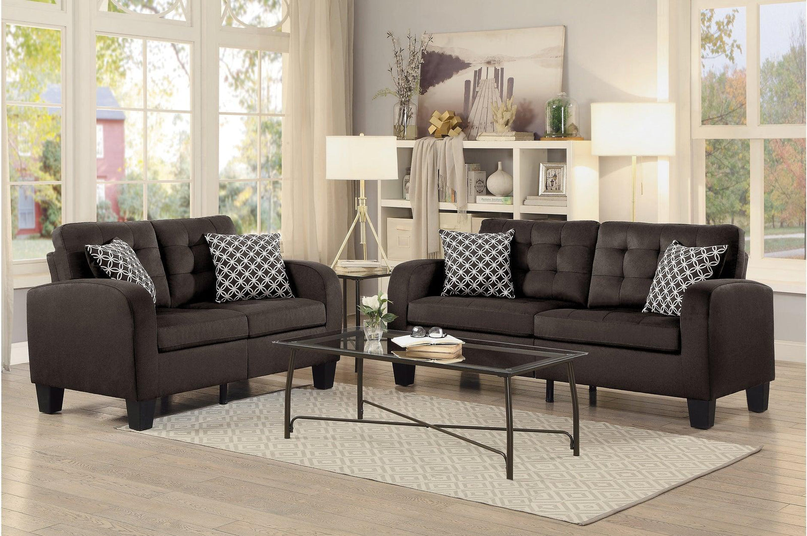 Sinclair Chocolate Solid Wood And Plywood Textured Fabric Upholstery Tufted Sofa And Love Seat - Ella Furniture
