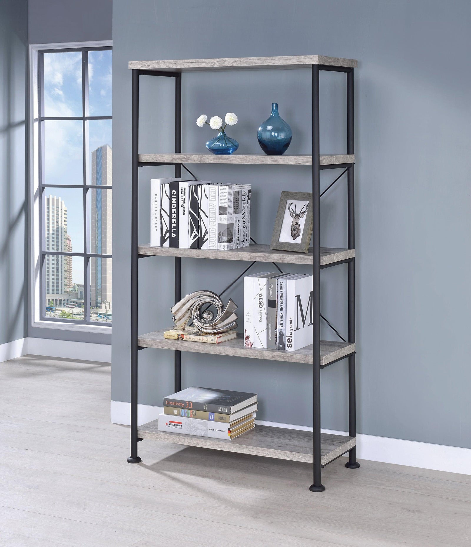Analiese 4-Shelf Bookcase Grey Driftwood - Ella Furniture