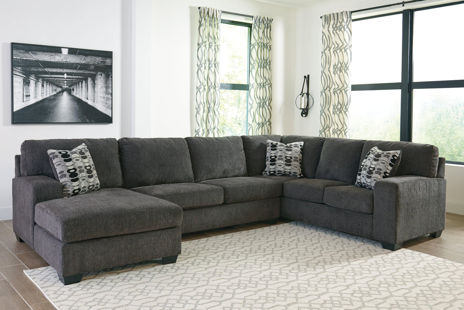 Ballinasloe Smoke Chenille 3-Piece Sectional With Chaise - Ella Furniture