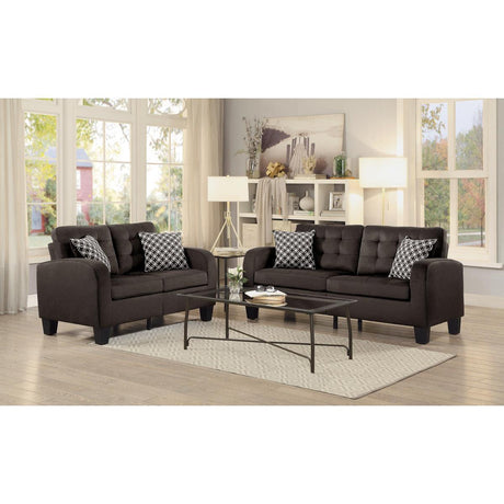 Sinclair Chocolate Solid Wood And Plywood Textured Fabric Upholstered Tufted Loveseat - Ella Furniture