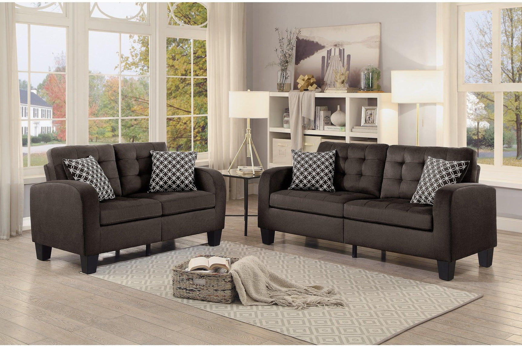 Sinclair Chocolate Solid Wood And Plywood Textured Fabric Upholstery Tufted Sofa And Love Seat - Ella Furniture