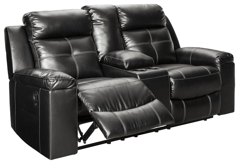 Kempten Black Faux Leather Reclining Loveseat With Console