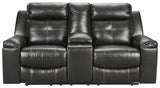 Kempten Black Faux Leather Reclining Loveseat With Console - Ella Furniture