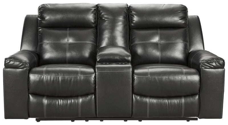 Kempten Black Faux Leather Reclining Loveseat With Console - Ella Furniture