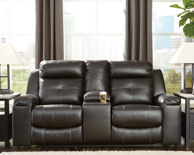 Kempten Black Faux Leather Reclining Loveseat With Console - Ella Furniture